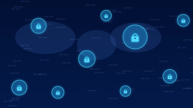 Cybersecurity padlock icons glowing with binary code digital motion background video footage animation clip