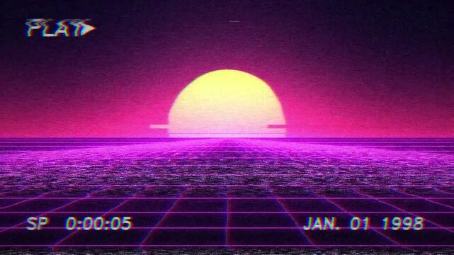 Retro 80s synthwave horizon wireframe grid sunset animation featuring VHS static noise distortion and vintage timestamp overlay