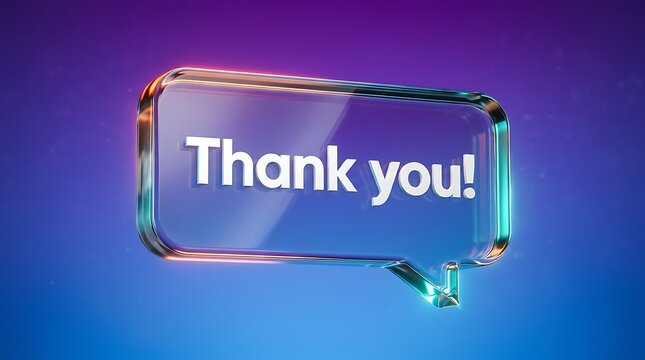 A beautifully designed elegant glass frame displays the words thank you against a vibrant purple and blue gradient background showing appreciation
