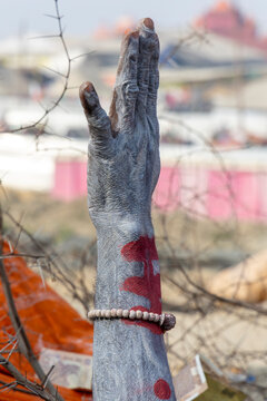 Raised hand and forearm covered in grey ash with red marks and a bead bracelet against thorny branches, Prayagraj, India