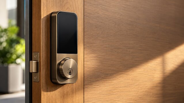 Smart Door Lock Modern Digital Deadbolt on Wooden Door Home Security.