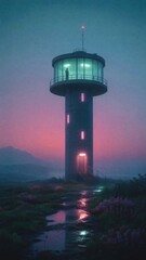 Fototapeta premium Futuristic lighthouse at dusk, serene landscape, ideal for mobile wallpaper.