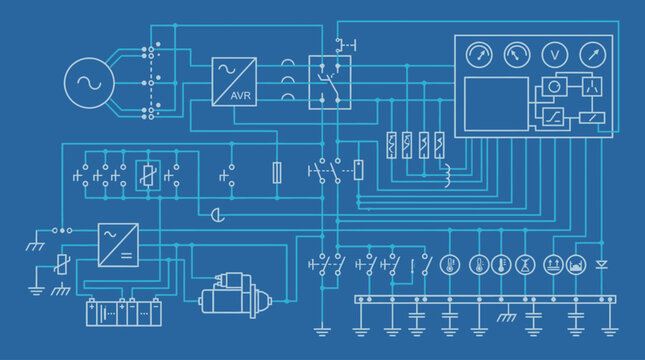Technical blueprint illustration featuring a complex electrical circuit diagram.