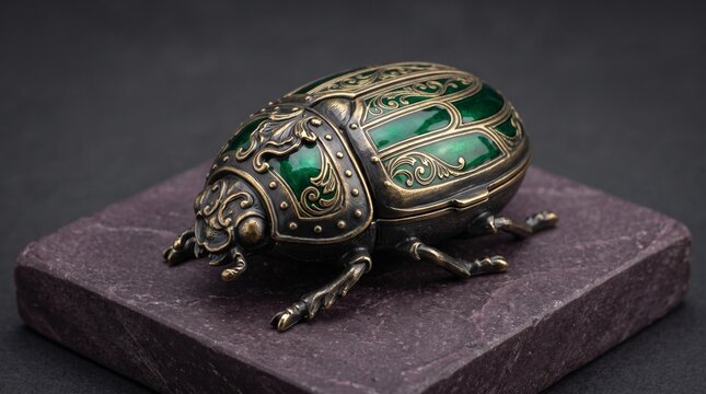 Exquisite ornate metallic beetle keepsake box with intricate green ena