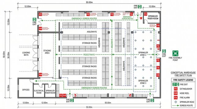 Warehouse Fire Safety CAD Layout with Storage Racks Sprinkler Zones and Escape Routes