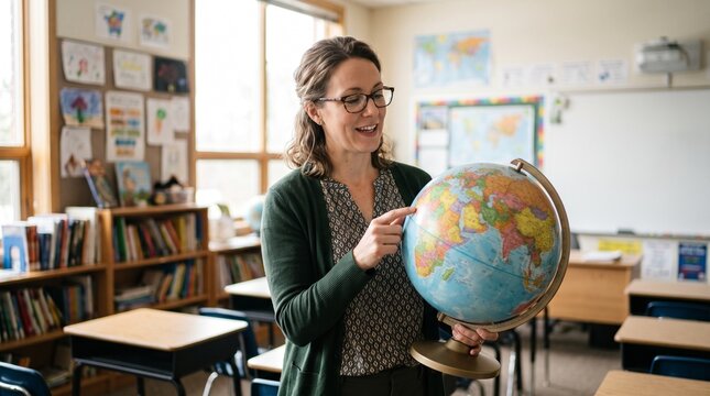 Smiling female teacher pointing at globe in a classroom with maps and books