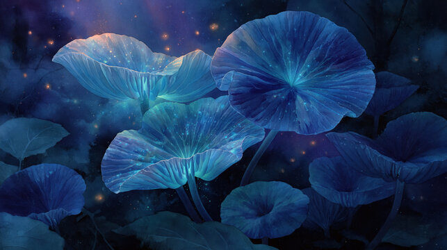 Blue mushrooms glowing among bioluminescent forest foliage