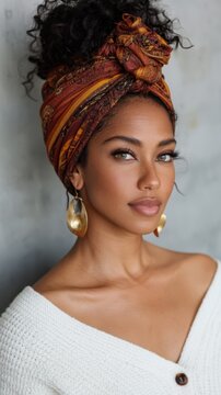 Woman wearing patterned head wrap and gold earrings in studio