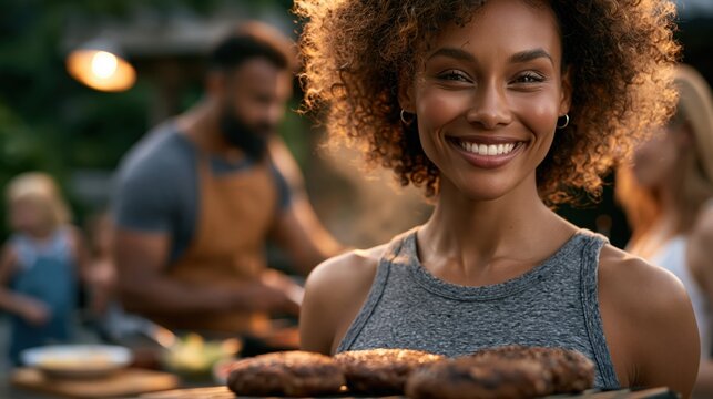 Smiling young woman at a backyard summer barbecue with friends for party banner and social event background and lifestyle design