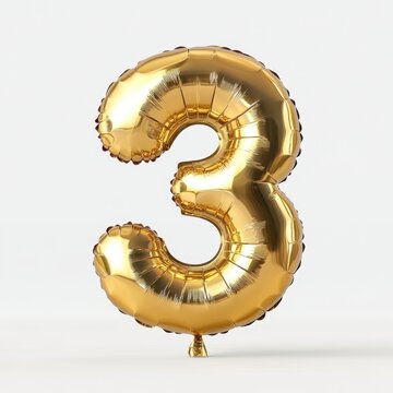 Golden number three balloon on white background