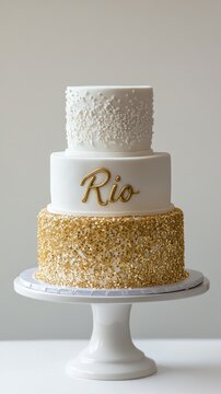 National Rio Day Elegant three-tier white and gold cake with personalized topper