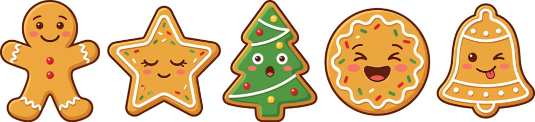Obraz premium Set of Cute Kawaii Baked Cookie Characters, Hand-Drawn Whimsical Sweet Pastry Mascots With Expressive Faces for Winter Crafts