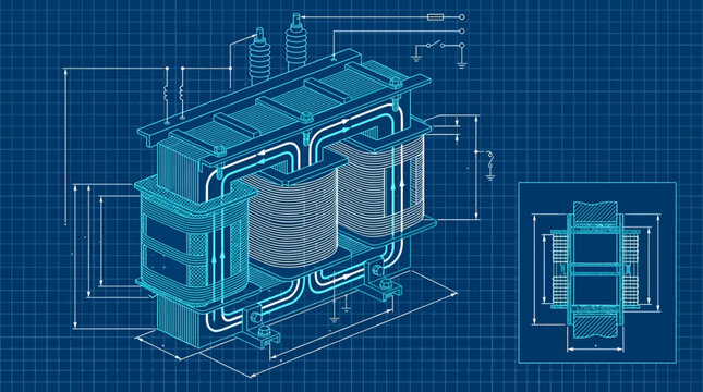 Technical blueprint illustration of an electrical transformer core and coil assembly.
