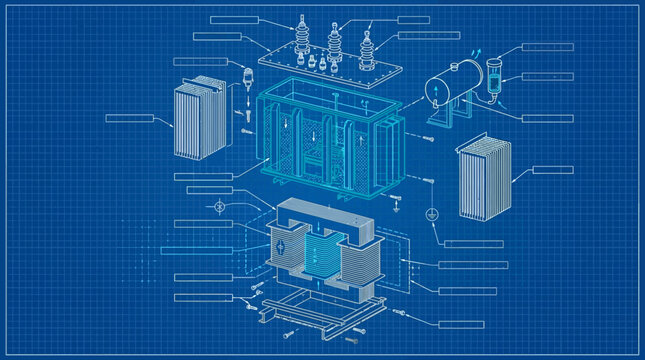 Technical blueprint illustration of an industrial electrical power transformer assembly.