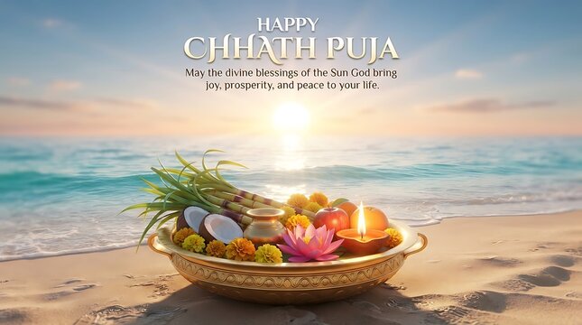 Happy chhath puja festival greeting with sun god blessings and offerings