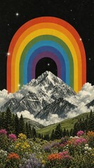 Naklejka premium Vibrant rainbow over mountains and flowers, perfect for mobile wallpaper.