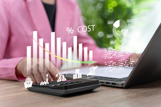 Cost management, Businesswoman presenting cost reduction charts for project management, corporate spending, industrial manufacturing, exports, marketing and investment, focusing on financial control