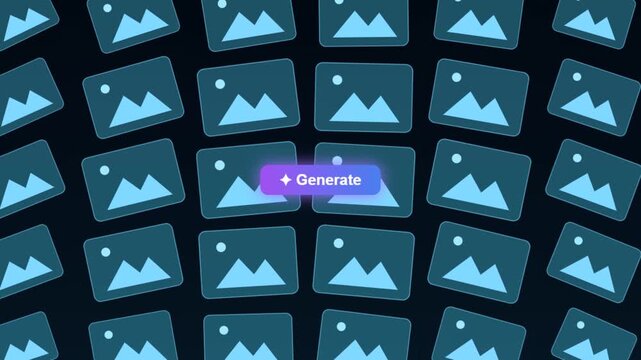 Artificial intelligence image generation interface glowing on dark blue background with moving vector icons clip motion footage