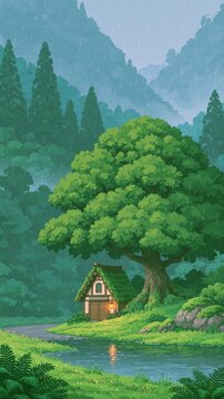 A tiny cottage with a mossy roof and glowing lantern rests beneath an enormous leafy tree beside a stream, as rain falls across a misty forest valley. A cozy illustrated woodland retreat.
