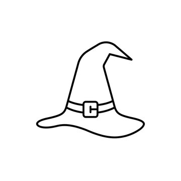 Minimalist black witch hat with buckle isolated on white background vector line art illustration   