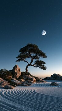 A sculptural pine rises above sweeping curves of raked gravel among weathered rocks, beneath a gibbous moon and starry blue sky. A tranquil scene suited to meditation and mindful living.