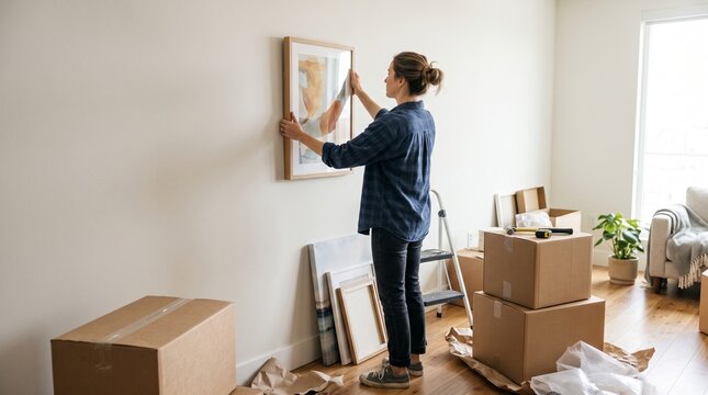 Woman hanging framed artwork on wall in new apartment surrounded by moving boxes and supplies