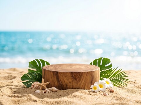 A round wooden podium on a sandy beach with palm leaves, frangipani flowers, starfish, and seashells against a sunny ocean.