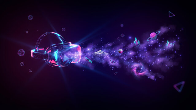 Virtual reality headset with glowing galaxy nebula and planets isolated on dark background