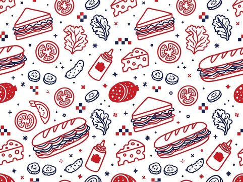 A seamless pattern of fast food items like sandwiches, cheese, and vegetables in red and blue outline style