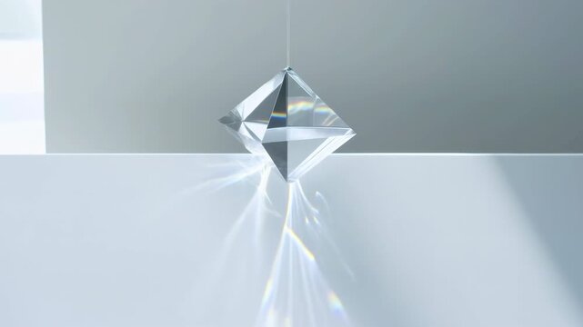 Transparent faceted prism rotates on thin thread above white tabletop, casting shifting rainbow light patterns against gray interior background with bright side lighting and centered composition
