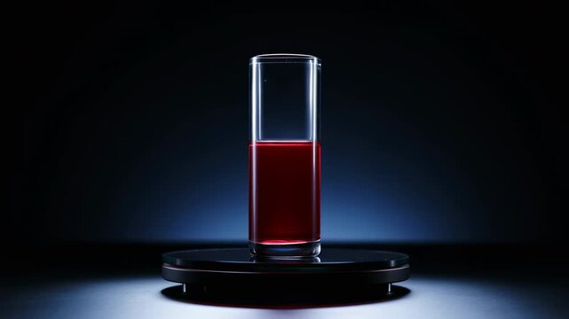 Tall clear glass holds red liquid on glossy circular display platform against dark background, with bright vertical reflections, cool blue backlighting and centered frontal composition