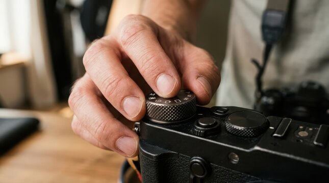 Close-up of a person's hand adjusting a camera control dial, showcasing manual photography settings
