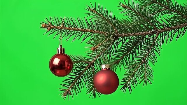 Green screen footage of a pine tree branch with red ornaments isolated for Christmas and New Year 2027 video compositing.