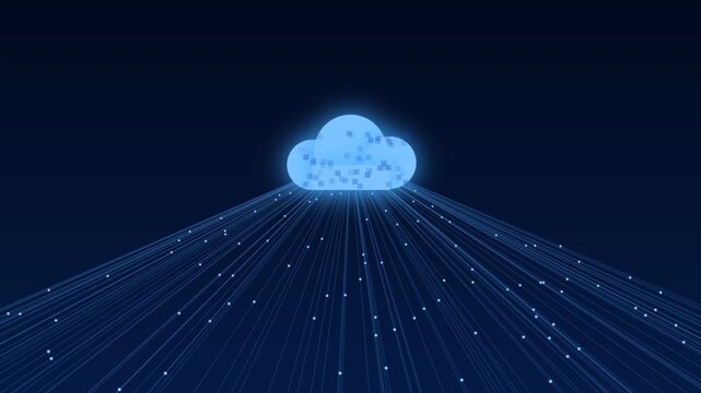 Glowing digital cloud computing data network animation with glowing lines and binary code motion footage clip