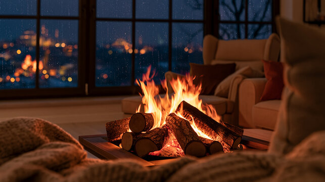 burning logs in indoor fire pit with city