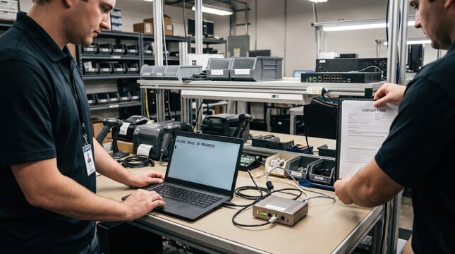 IT technicians performing secure data erasure on laptop with custody form for ITAD compliance