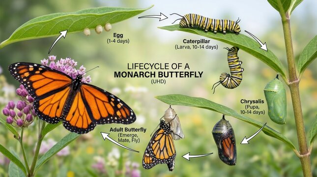 Educational diagram showing the lifecycle stages of a monarch butterfly.