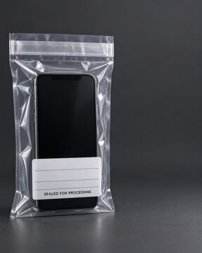 Sealed smartphone in custody pouch with sealed for processing label for ITAD and secure data erasure chain of custody