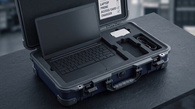 Secure ITAD rugged case with laptop and checklist for employee offboarding and equipment return
