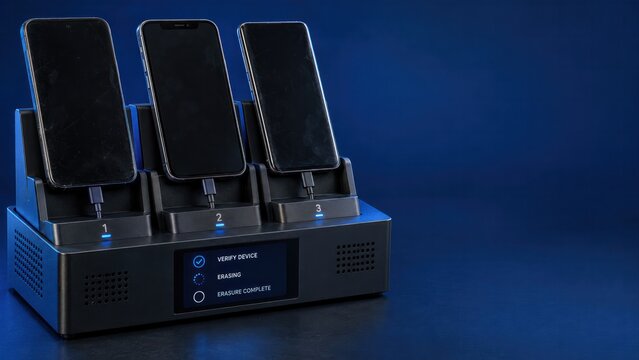 Three smartphones on secure data erasure dock showing erasing status for ITAD trade in program