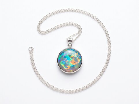 Australian Rainbow Opal Necklace Silver Chain Pendant Isolated White