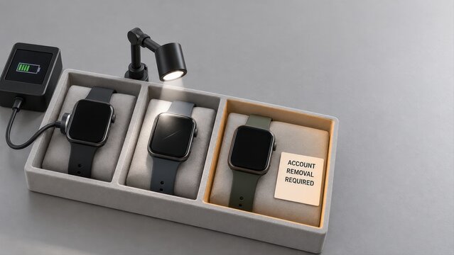 Three smartwatches in trade in inspection tray for battery testing cosmetic check and account removal required