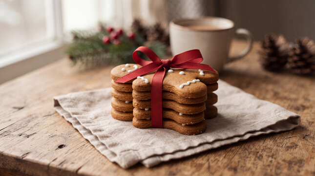 Iced gingerbread cookies stacked and tied with a red ribbon on a wooden table. Christmas baking and holiday sweets. Festive food gift for seasonal celebrations. Winter dessert
