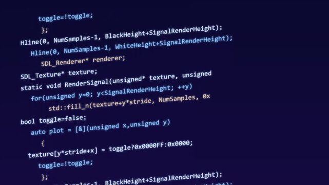 Complex computer source code lines scrolling on dark monitor display screen in motion video footage