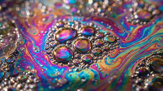 Macro close-up of iridescent oil film and bubbles forming a colorful abstract stock background. Fluid dynamics and surface tension concept. Vivid multicolor texture for corporate design