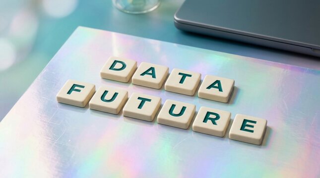 The words DATA and FUTURE spelled out with letter tiles on a reflective surface, hinting at technological progress and forward-thinking strategies.
