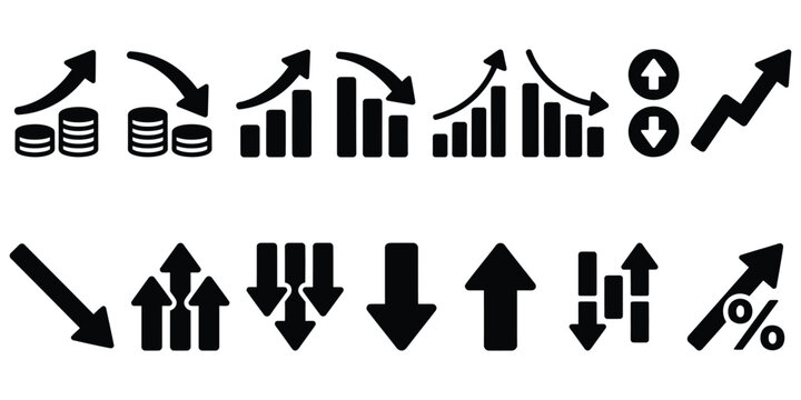 Trend Icons with editable stroke - Black vector symbols of growth, decline, and financial arrows.