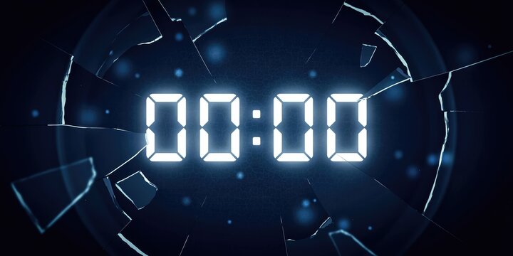 Glowing digital clock display showing 00:00 behind shattered dark glass with sharp fragments and blue light reflections