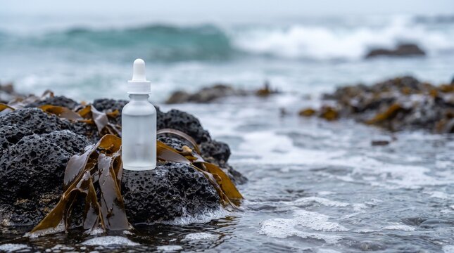 Blank frosted dropper bottle on wet lava rock with kelp by sea