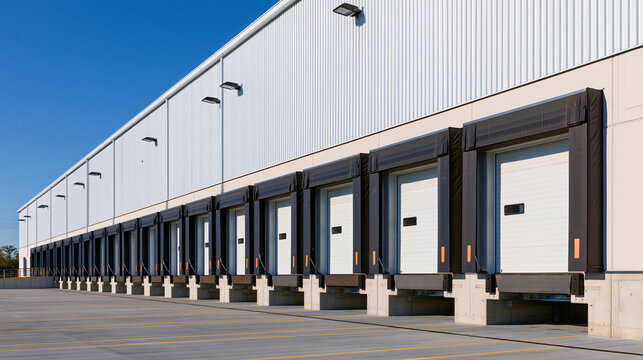 Modern warehouse exterior loading dock bays under blue